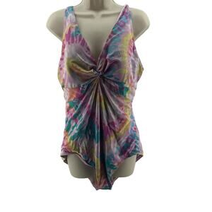 Lands' End Women's Multicolor Tie Dye V-Neck Twist Front Swimsuit Size 18